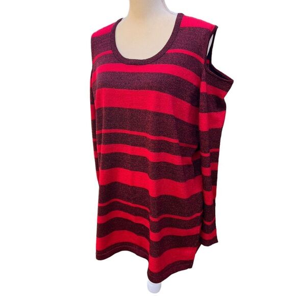 Questions Women's Red & Black Striped Cold Shoulder Sweater 2X metallic thread - Picture 10 of 13